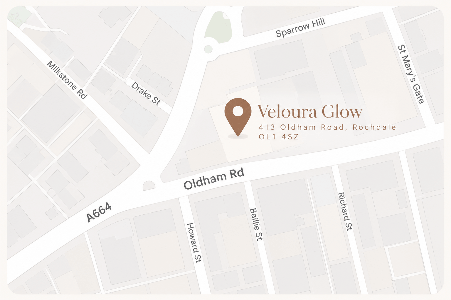 Map showing Veloura Glow at 413 Oldham Road